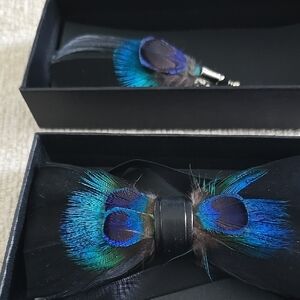 Black Bow Tie with Peacock Feather Accent - Men's Formal Accessory
